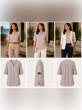 croft & barrow Neutral Multi Floral Button-Front Short-Sleeve Top